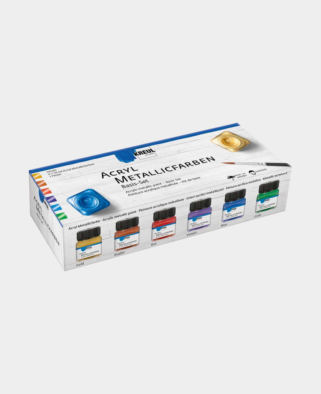 KREUL Acryl Metallicfarben Basis Set, 6 x 20 ml inkl. Pinsel