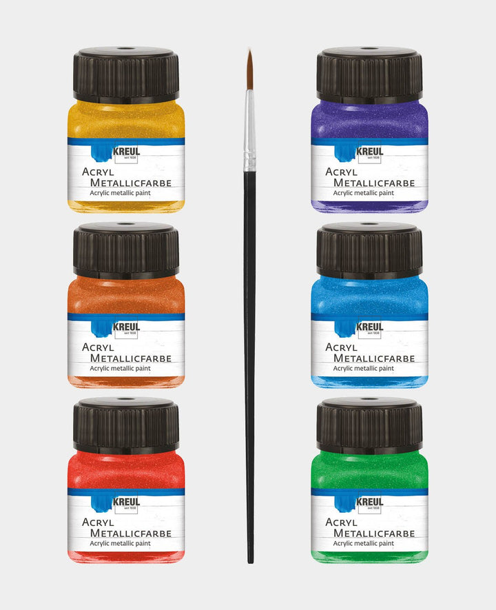 KREUL Acryl Metallicfarben Basis Set, 6 x 20 ml inkl. Pinsel