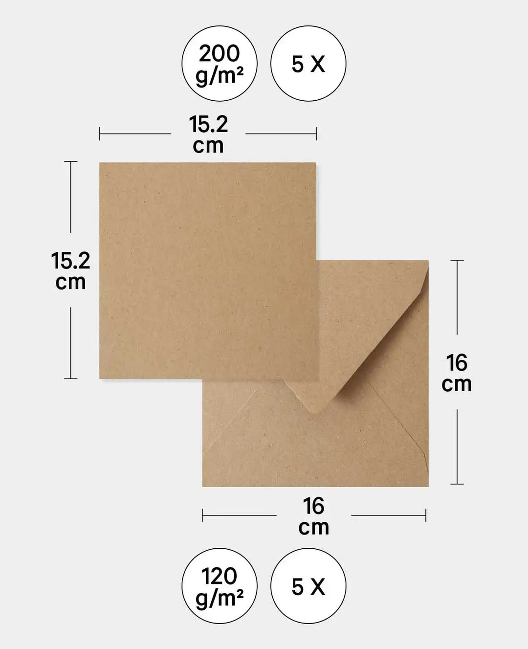 Cards &amp; Envelopes Set, Kraft Brown, 152 x 152 mm &amp; 160 x 160 mm, 240 &amp; 120 gsm, 5 pieces each