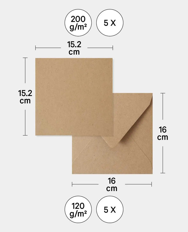Cards &amp; Envelopes Set, Kraft Brown, 152 x 152 mm &amp; 160 x 160 mm, 240 &amp; 120 gsm, 5 pieces each