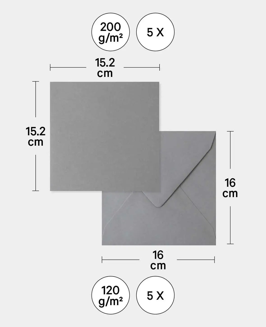Cards &amp; Envelopes Set, Grey, 152 x 152 mm &amp; 160 x 160 mm, 240 &amp; 120 gsm, 5 pieces each