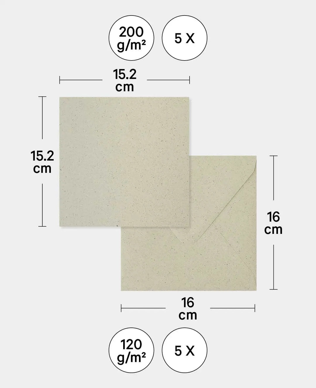 Cards &amp; Envelopes Set, Natural, 152 x 152 mm &amp; 160 x 160 mm, 200 &amp; 120 gsm, 5 pieces each
