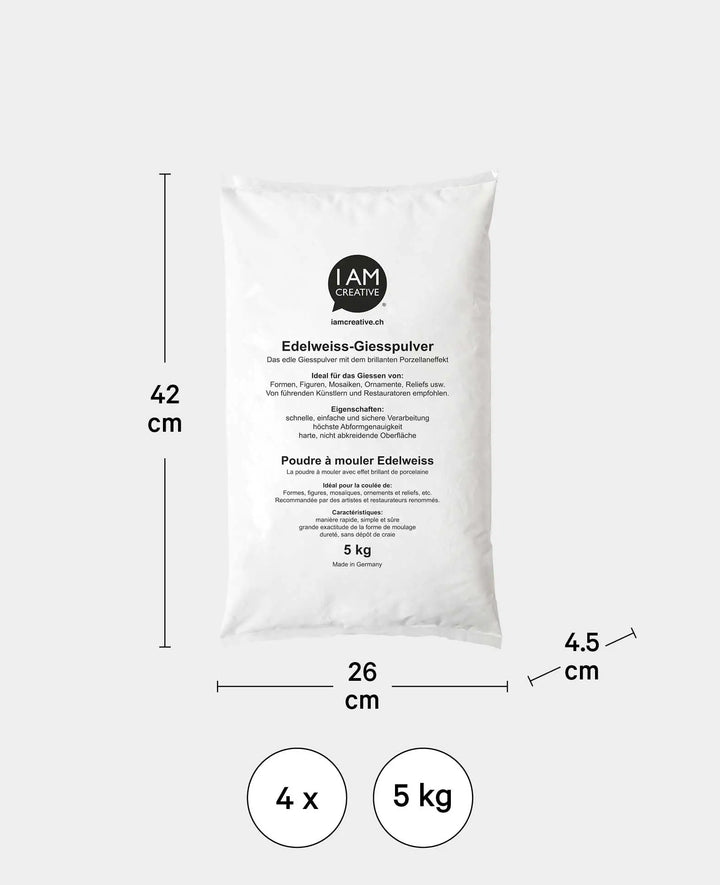 Edelweiss Casting Powder, 5 kg, modeling powder for art and design projects, crafts and decorations, with matte porcelain effect, white, 4 pcs.