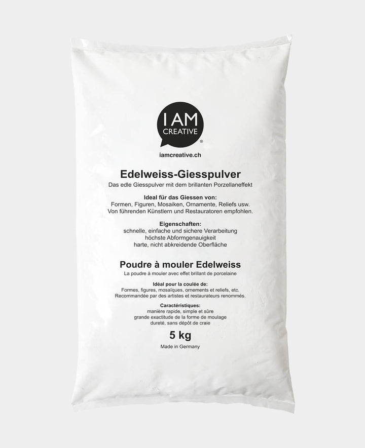 Edelweiss Giesspulver, 5 kg, Modellierpulver für Kunst- und Designprojekte, Bastelarbeiten sowie Dekorationen, mit matten Porzellaneffekt, Weiss
