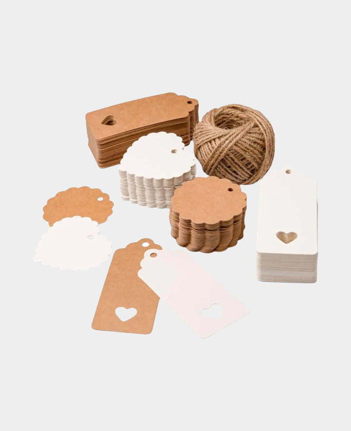 Geschenk Anhänger Bastel Etiketten + Jute Schnur – Braun / Weiss, 200 Stk.