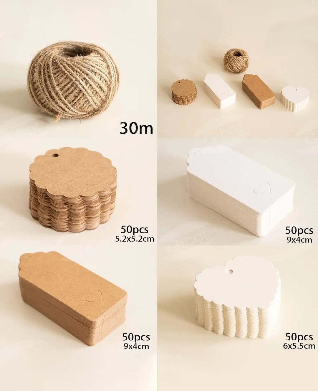 Geschenk Anhänger Bastel Etiketten + Jute Schnur – Braun / Weiss, 200 Stk.