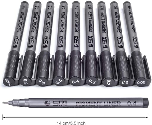 Waterproof Pigment Marker Fineliner + Brush Pen - Black, Set of 9