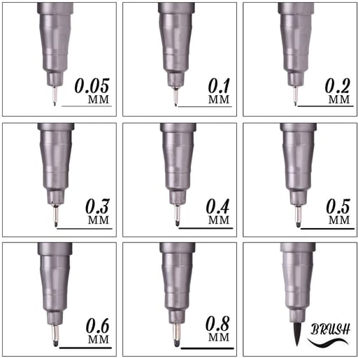 Waterproof Pigment Marker Fineliner + Brush Pen - Black, Set of 9