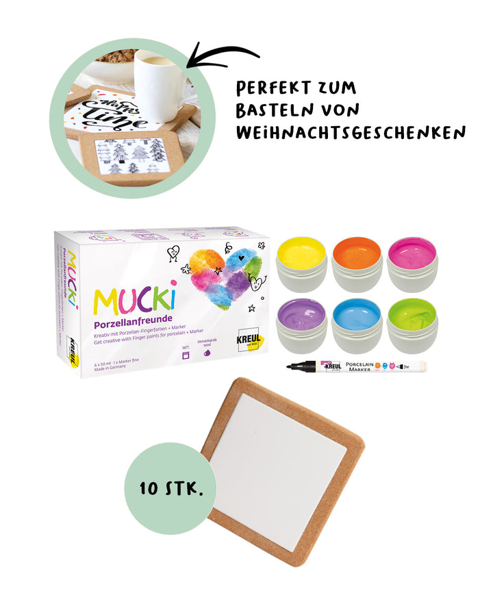 Untersetzer-Bemal-Set mit MUCKI Porzellan-Fingerfarben und 10 Korkuntersetzern (mit Porzellanplatte)