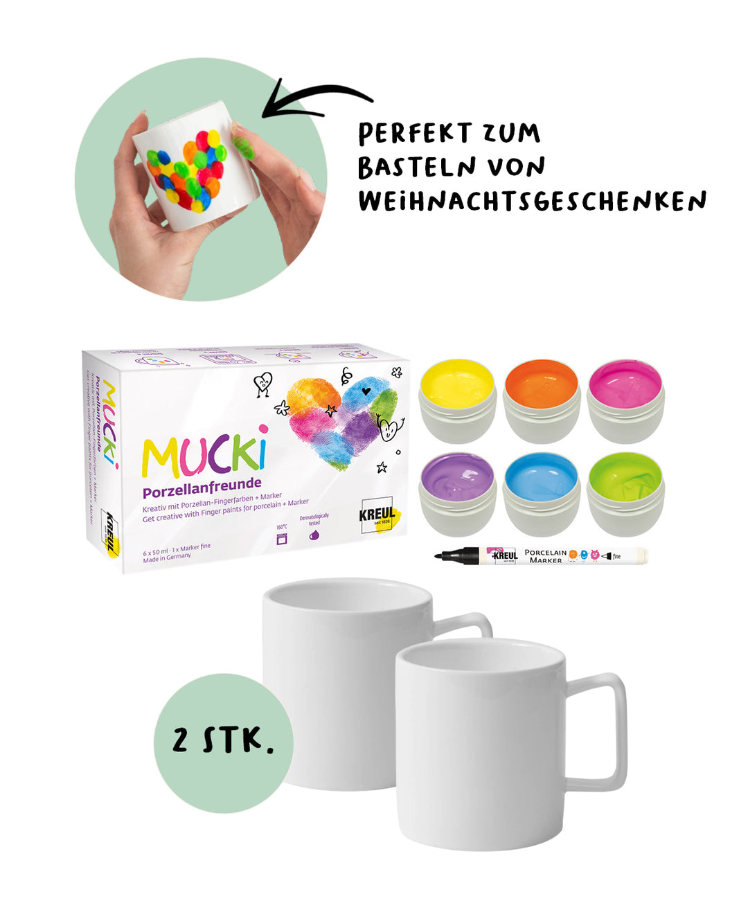 Porcelain finger paints 6 x 150ml + 2 mugs