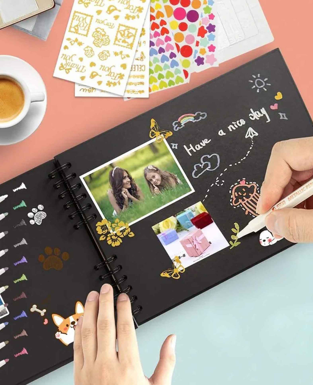Spiral Photo Album DIY Guestbook with Washi Tape / Stickers - Black, 15-piece