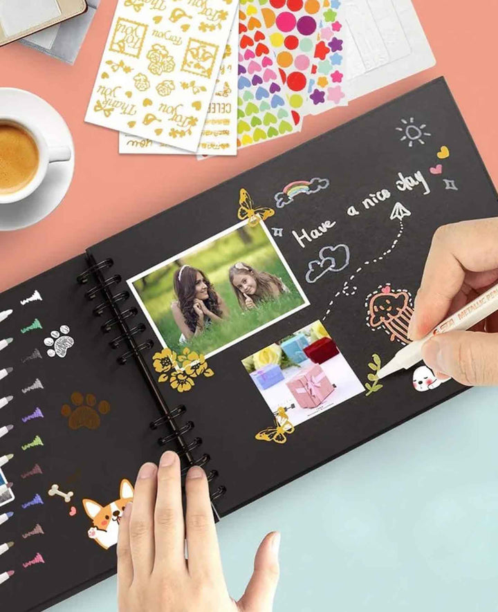 Spiral Photo Album DIY Guestbook with Washi Tape / Stickers - Black, 15-piece