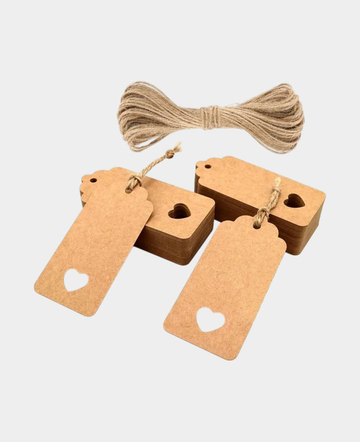 Étiquettes cadeau à fabriquer soi-même, cœur + ficelle de jute - Marron, 100 pièces