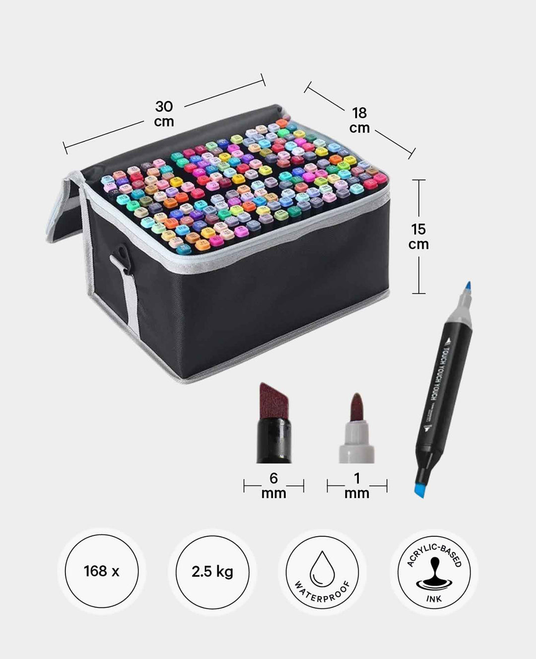 Waterproof Acrylic Marker Pens, Dual Tip with Carry Bag, 168 pcs