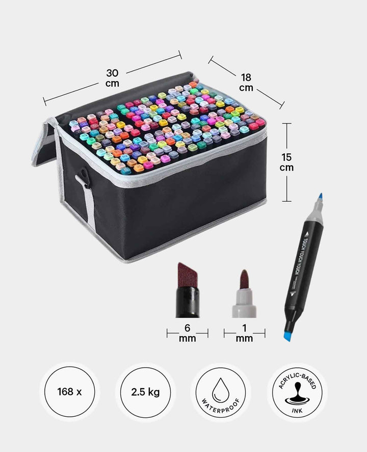 Waterproof Acrylic Marker Pens, Dual Tip with Carry Bag, 168 pcs