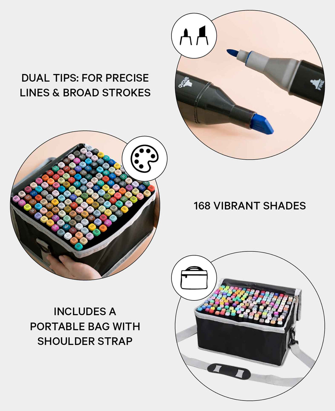 Waterproof Acrylic Marker Pens, Dual Tip with Carry Bag, 168 pcs