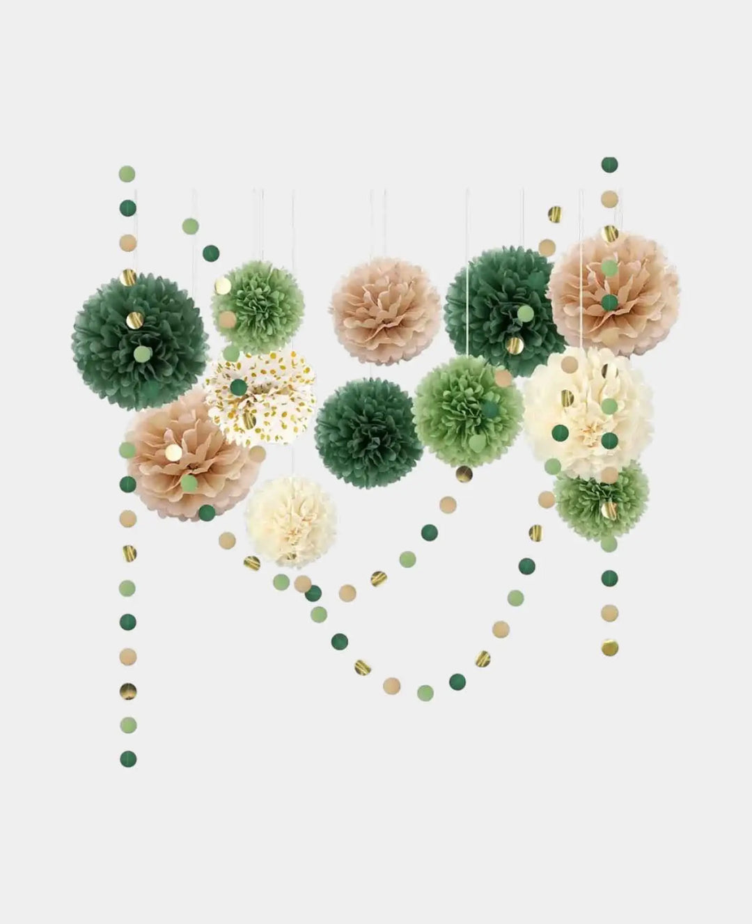 Guirlande de cercles décoratifs en papier pompon – Vert / Marron / Beige, 15 pièces