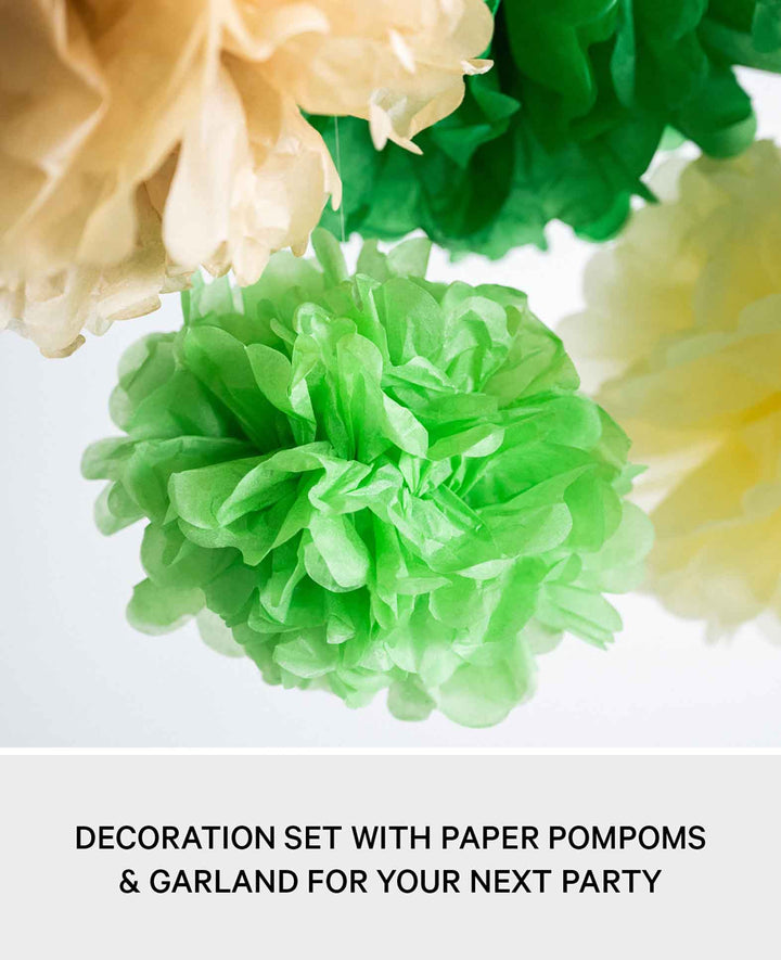 Guirlande de cercles décoratifs en papier pompon – Vert / Marron / Beige, 15 pièces