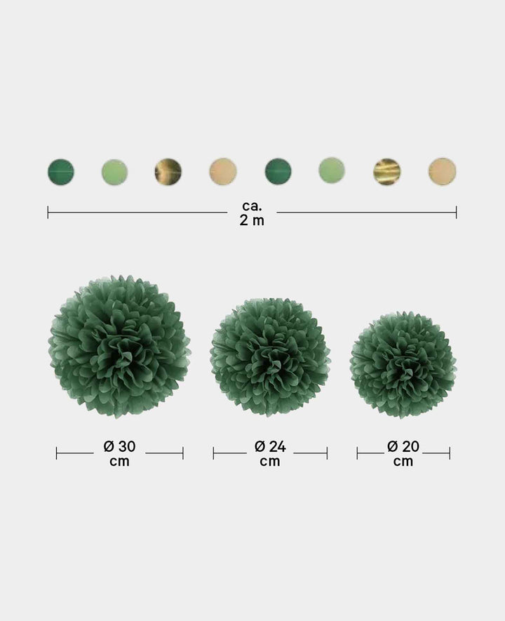 Guirlande de cercles décoratifs en papier pompon – Vert / Marron / Beige, 15 pièces