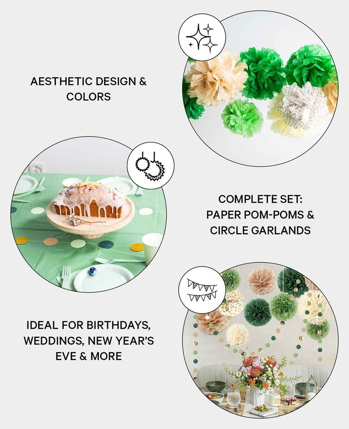 Guirlande de cercles décoratifs en papier pompon – Vert / Marron / Beige, 15 pièces