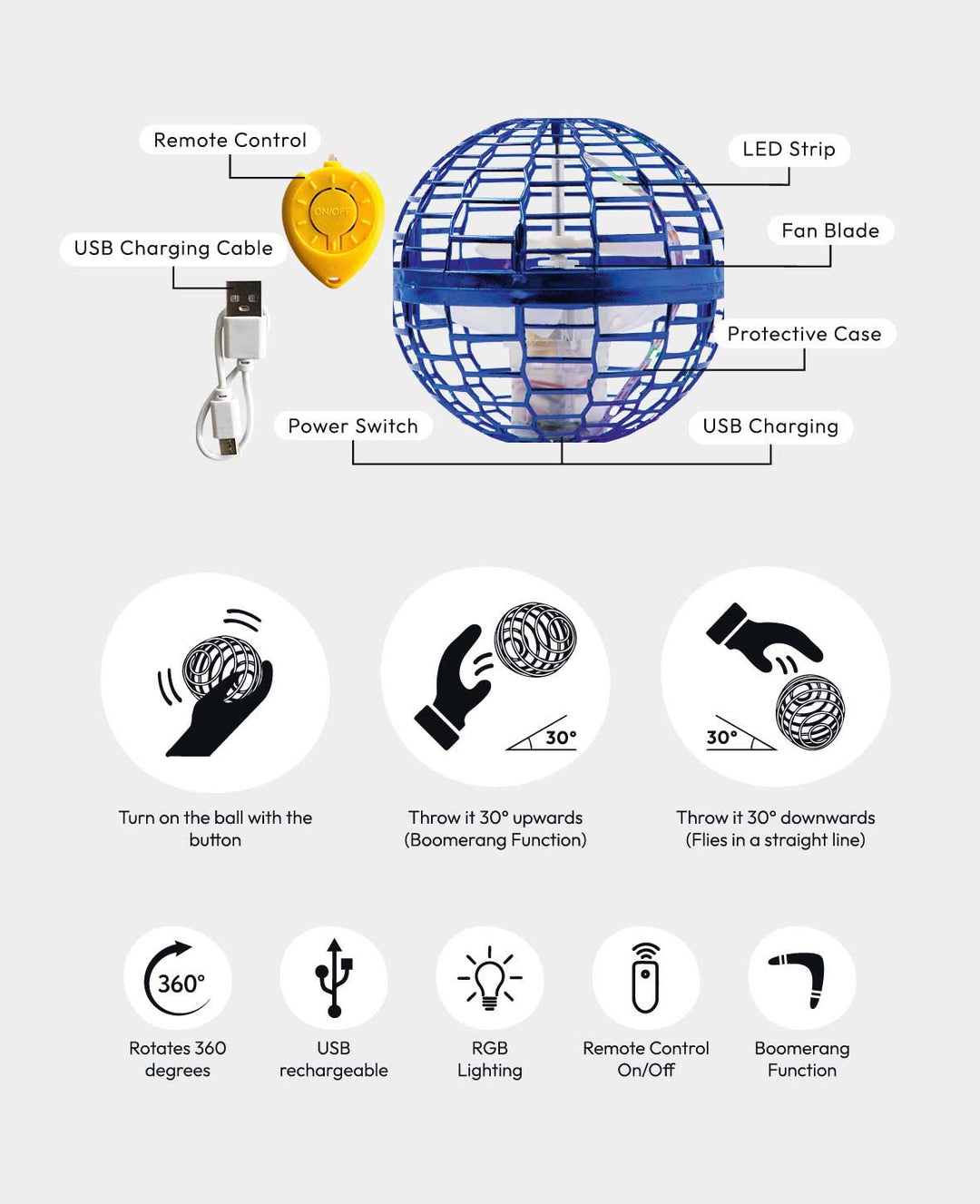Flying USB Ball Magic Spinner with LED Lighting, Remote Control, Ø9cm