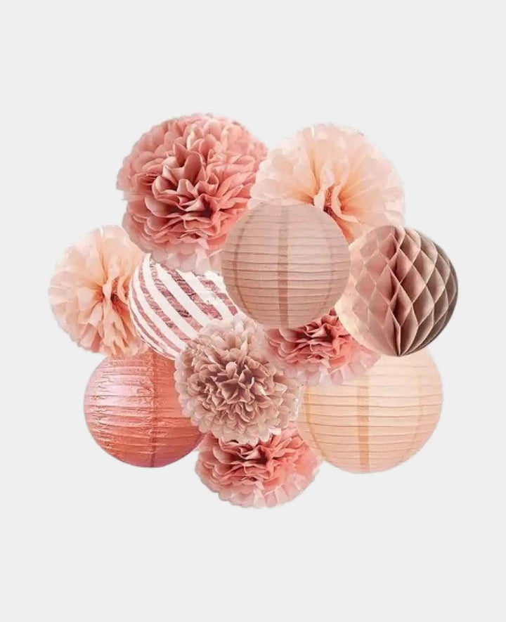 Décoration de fête Lampions Pompons en papier - Or rose, 11 pièces