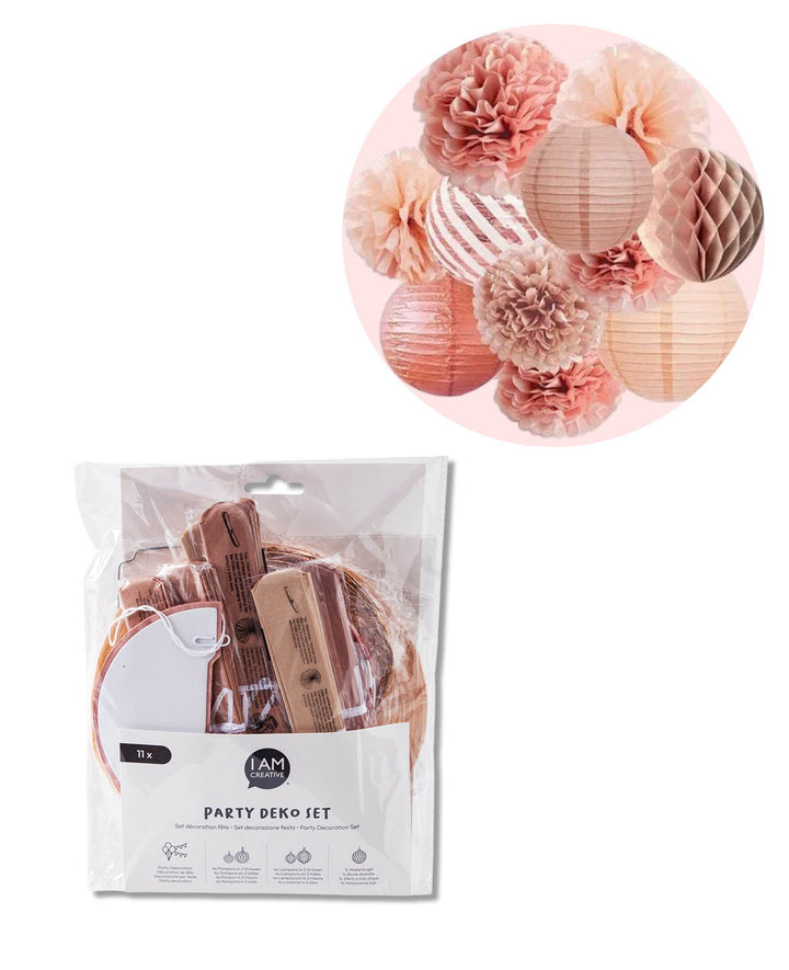 Décoration de fête Lampions Pompons en papier - Or rose, 11 pièces