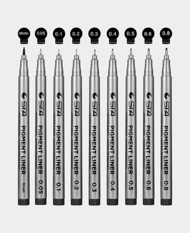 Waterproof Pigment Marker Fineliner + Brush Pen - Black, Set of 9