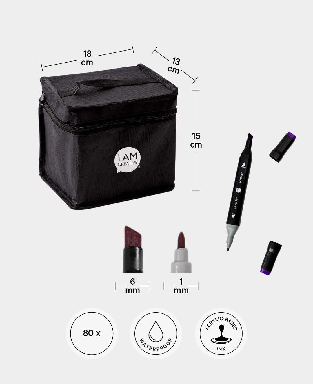 Waterproof Acrylic Felt Tip Pens, Dual Tip Markers + Carry Bag, 80 pcs.