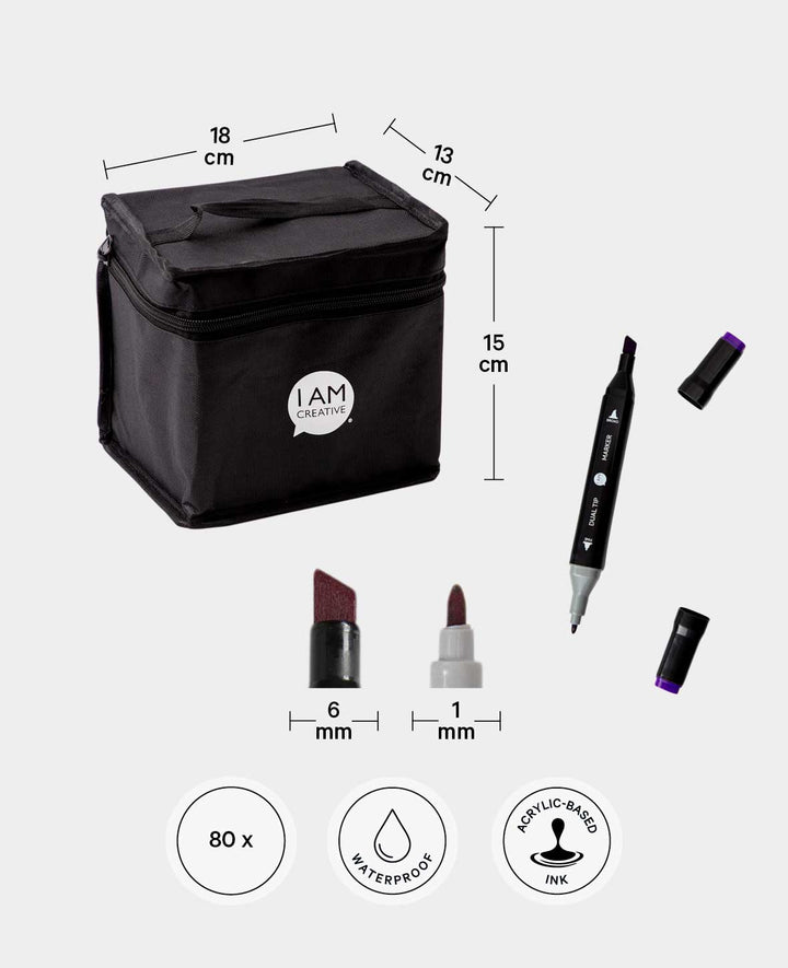 Waterproof Acrylic Felt Tip Pens, Dual Tip Markers + Carry Bag, 80 pcs.