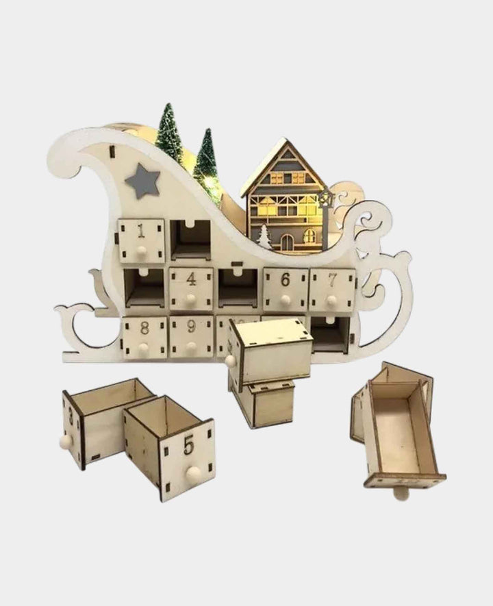 Adventskalender Holz Schlitten zum Befüllen mit 24 Schubladen, Braun