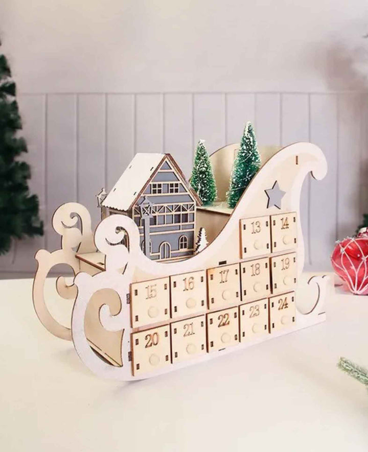 Adventskalender Holz Schlitten zum Befüllen mit 24 Schubladen, Braun
