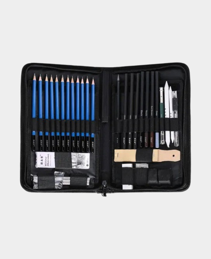 Professional Sketching Accessories + Bag, Black, 40-piece.