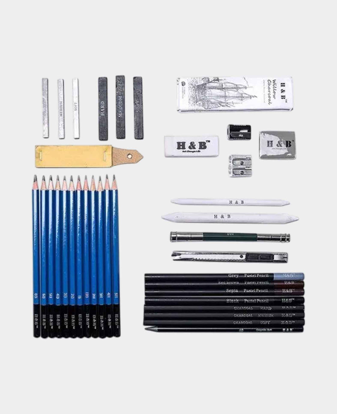 Professional Sketching Accessories + Bag, Black, 40-piece.