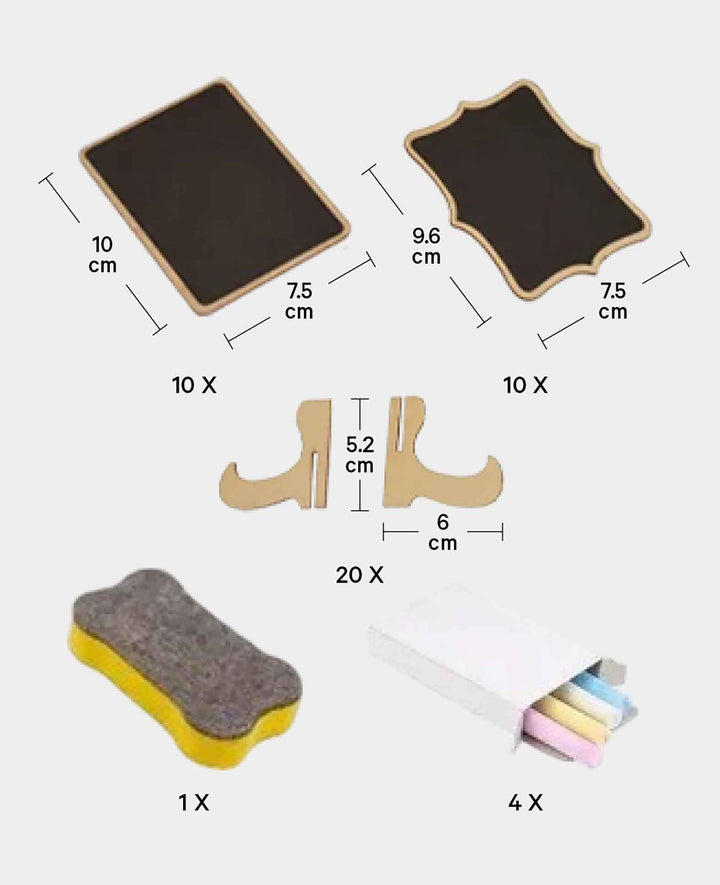 Mini Wooden Name Tags Decorative Chalkboard including Sponge + Chalk, 20 pcs.