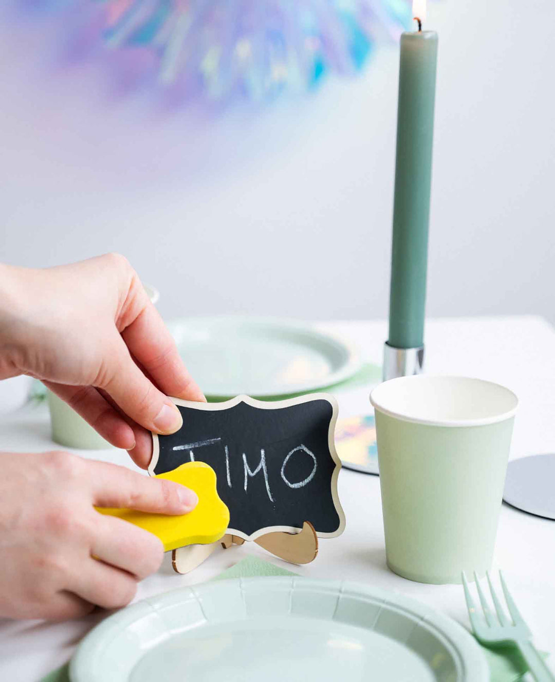 Mini Wooden Name Tags Decorative Chalkboard including Sponge + Chalk, 20 pcs.