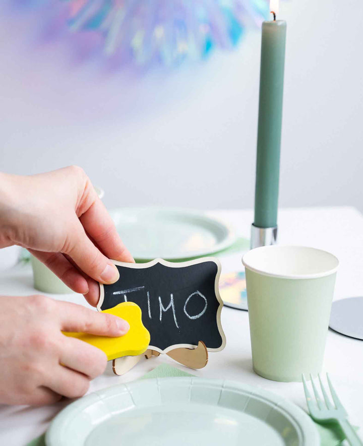 Mini Wooden Name Tags Decorative Chalkboard including Sponge + Chalk, 20 pcs.