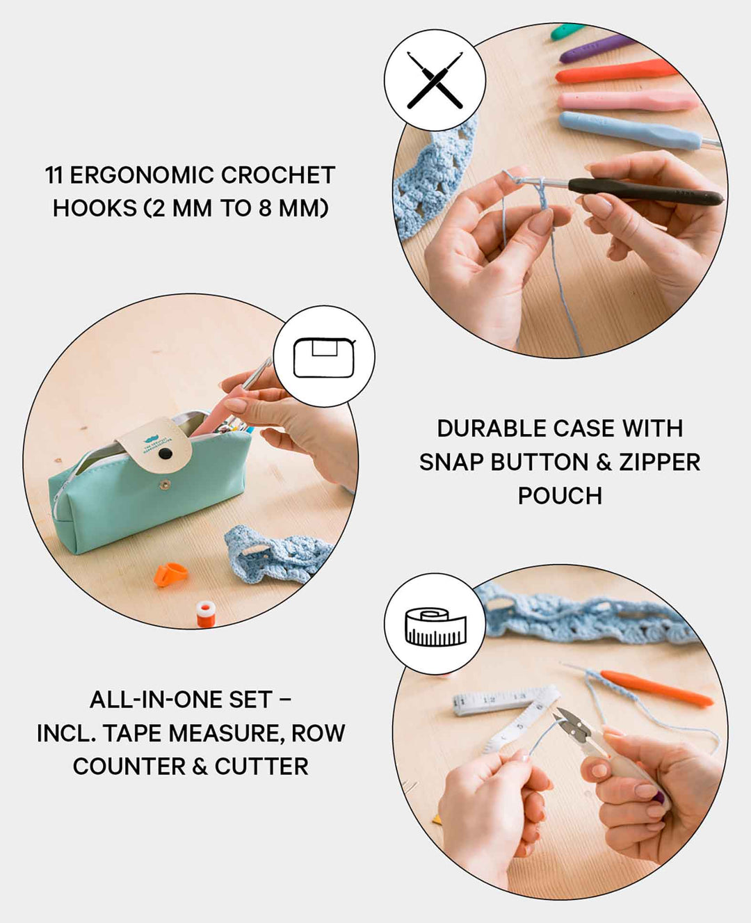 Crochet Craft Kit DIY Notions Needles with Measuring Tape + Case, 36 pcs.