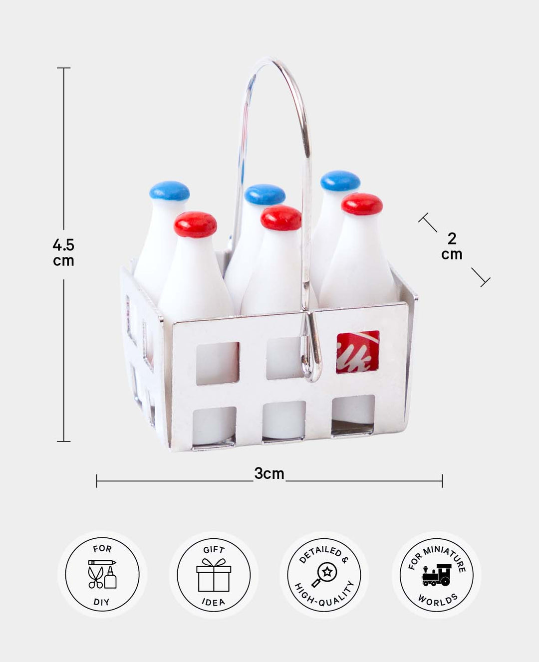 Miniature Milk Bottles in Metal Basket – For Crafts &amp; Play, 3 x 2 x 4.5 cm