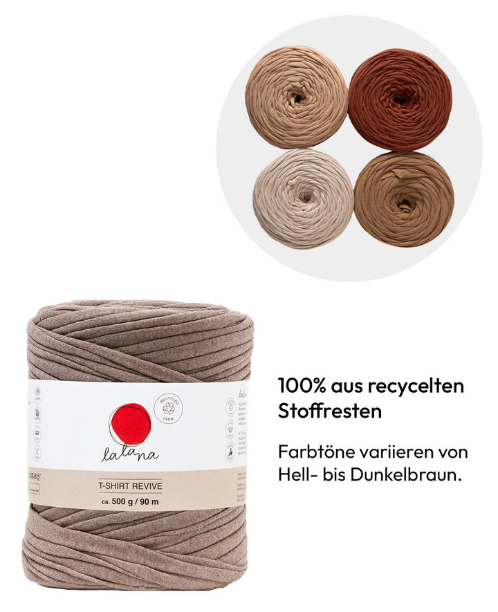 T-Shirt Revive coffee shades, Lalana textile yarn for crochet, knitting, knotting &amp; macramé projects, Brown, approx. 5 mm x 90 m, approx. 500 g