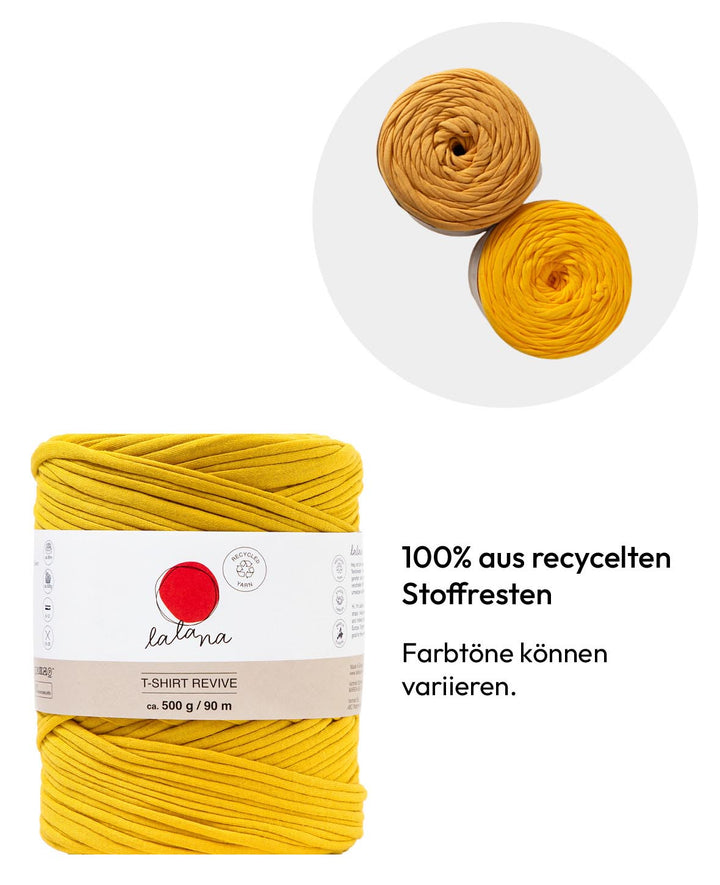 T-Shirt Revive mustard shades, Lalana Textile Yarn for Crocheting, Knitting, Knotting &amp; Macrame Projects, Mustard Yellow, approx. 5 mm x 90 m, approx. 500 g